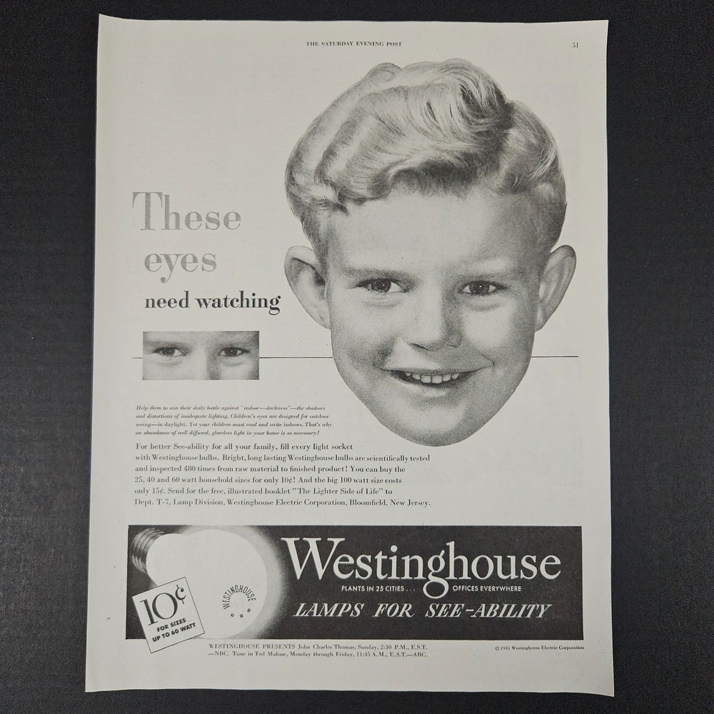 1945 Westinghouse Light Bulbs Lamps See-Ability Vintage Print‎ Ad Bloomfield NJ